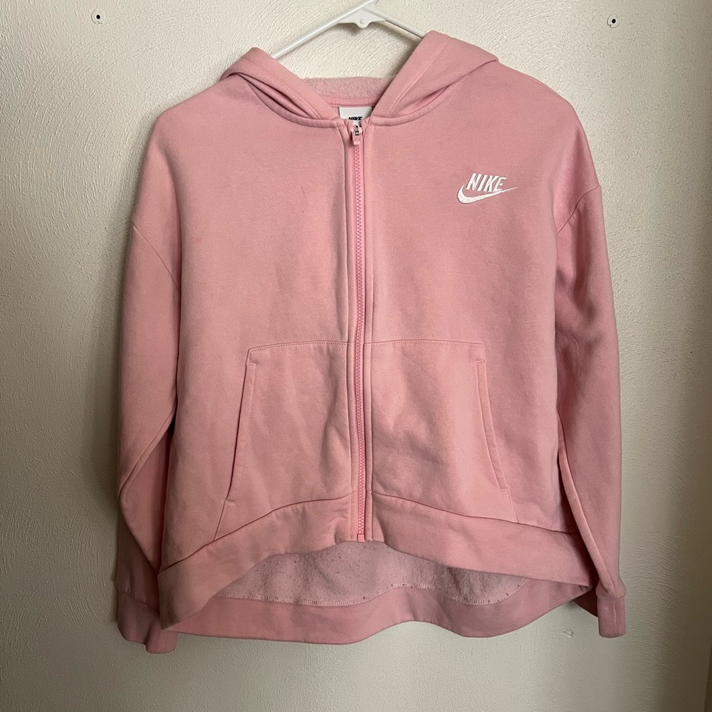 NIKE Classic Club Fleece Full Zip High Low Jacket Pink White Girl's Size L Plus